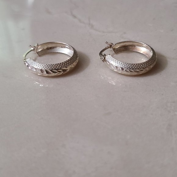 Sterling Silver Etched Small Hoop Earrings - Picture 7 of 12